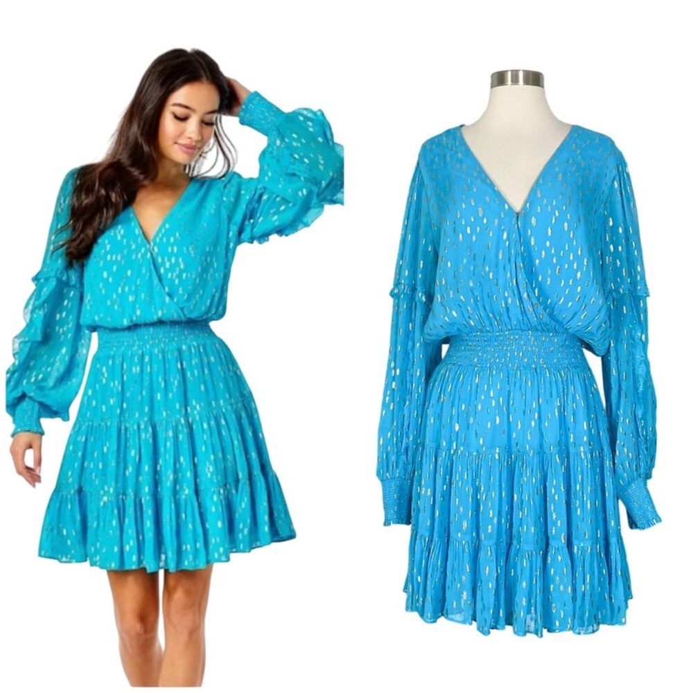 Lilly Pulitzer | Heline Turquoise Blue Gold Polka Dot Ruffle Plus Size Dress 16